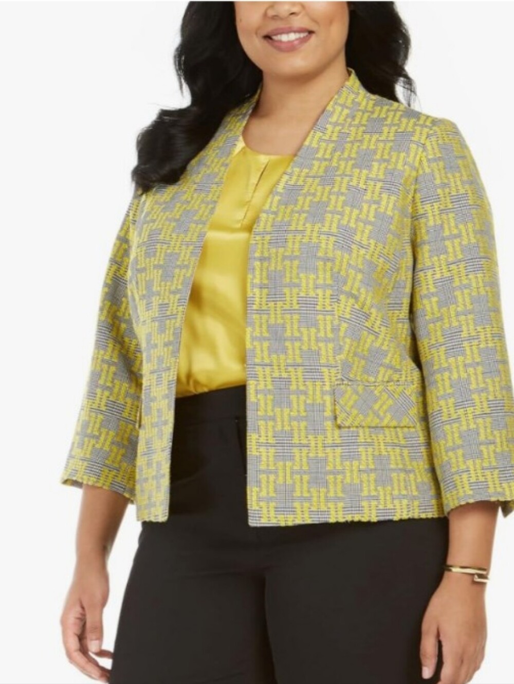 Kasper Yellow and Gray Textured Collarless Blazer